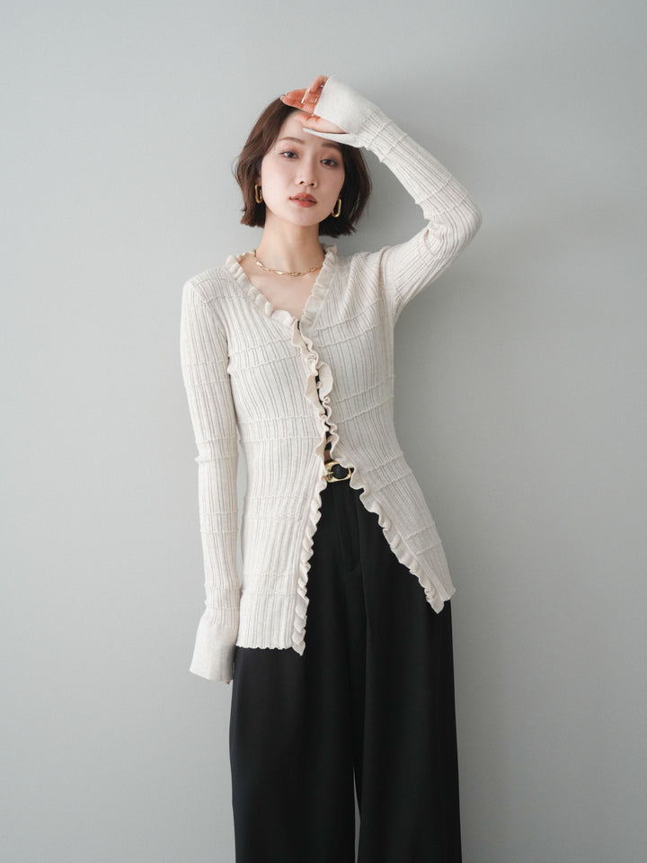 [予約]フロントフリルリブニットカーディガン/beige