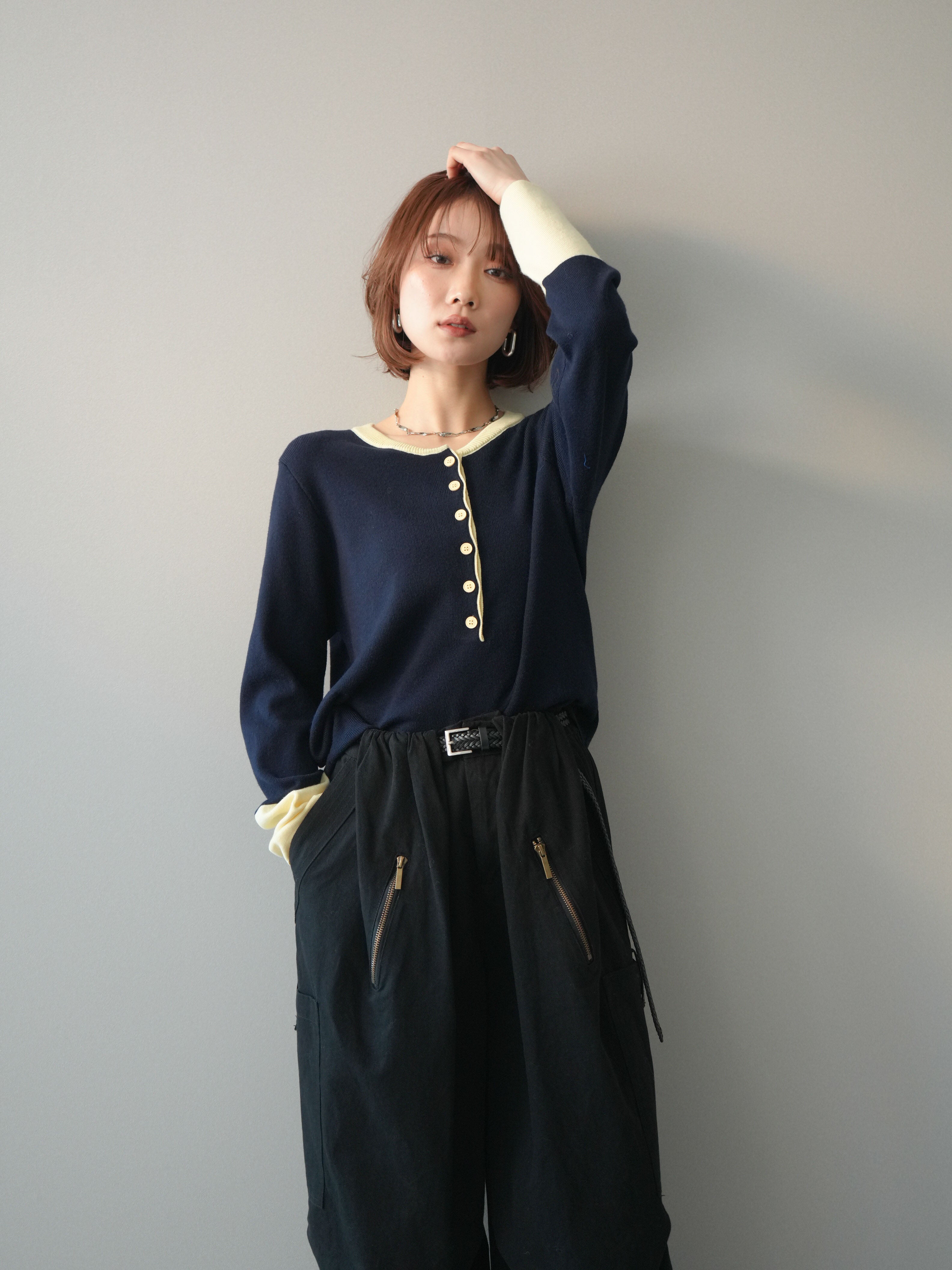 予約]ヘンリーネック配色ニットソー/navy – Lumier