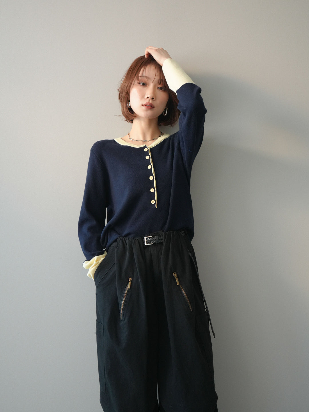 [予約]ヘンリーネック配色ニットソー/navy