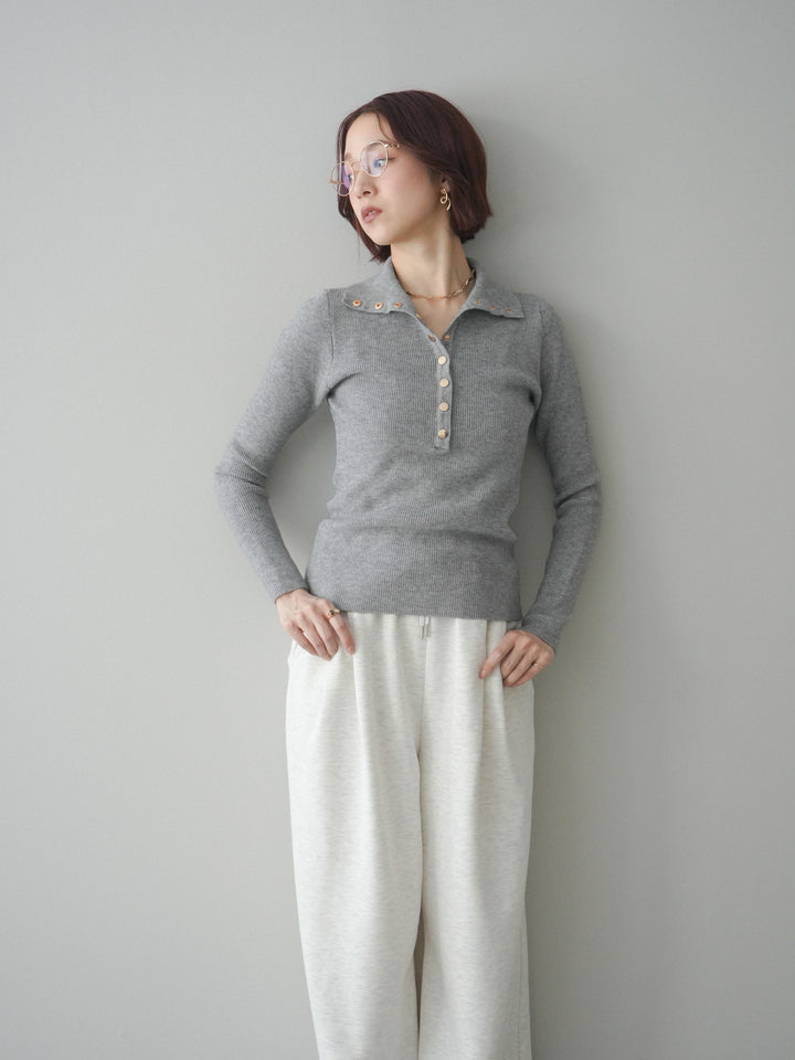 [予約]ゴールドボタンニュアンスタートルリブニットトップス/gray