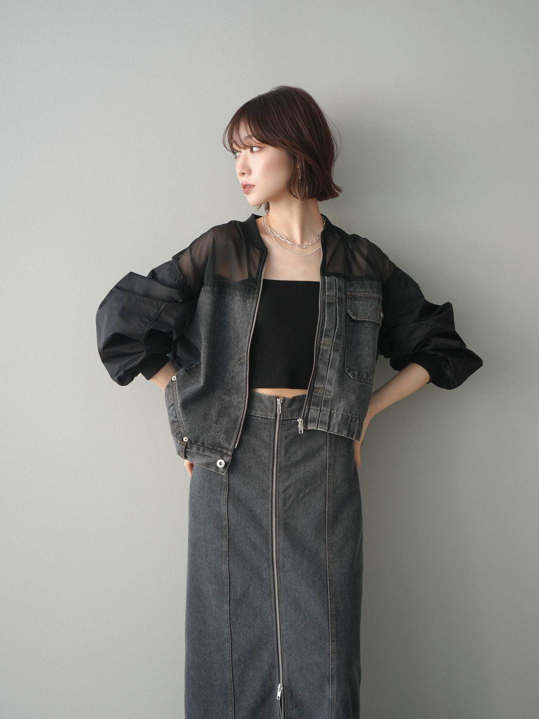 [SET]異素材デニムブルゾン+フロントジップデニムスカート(2set)
