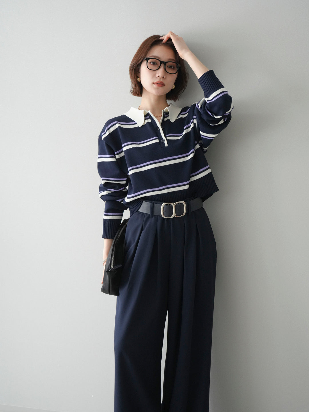 [予約]マルチボーダーポロニットトップス/navy