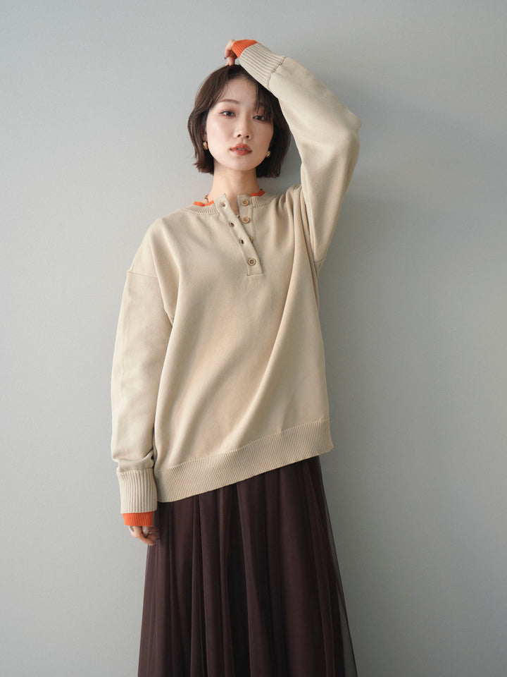 [予約]2WAYネック配色レイヤードニットプルオーバー/beige