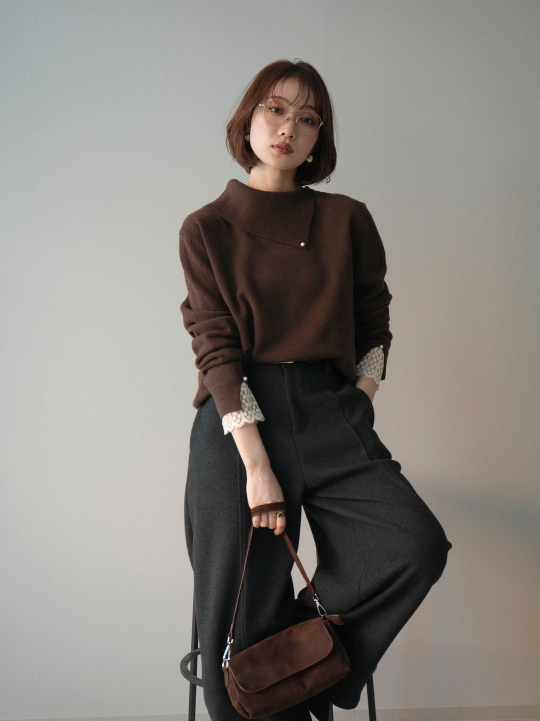 [SET]袖レースパール付き配色ニットトップス+ウールタッチカーブパンツ(2set)