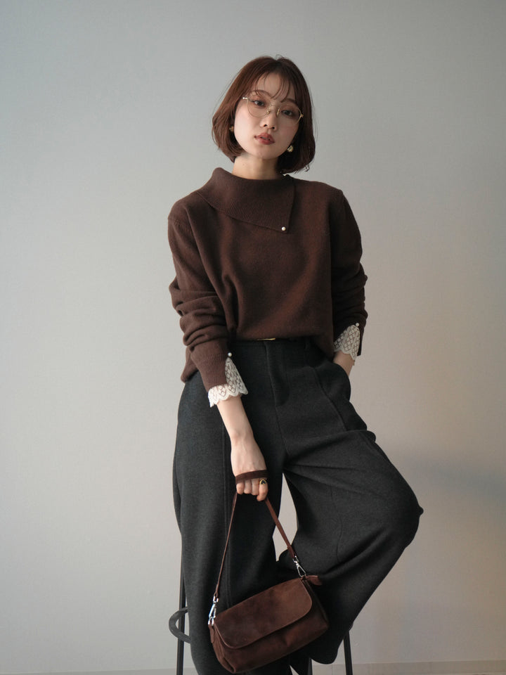 [SET]袖レースパール付き配色ニットトップス+ウールタッチカーブパンツ(2set)