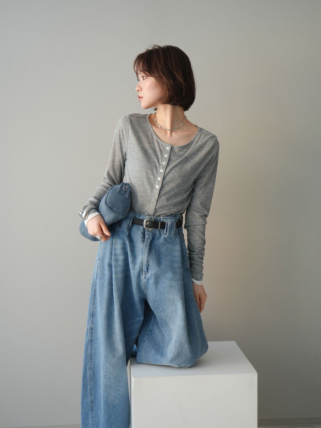 [予約]シアーリブバイカラーカーディガン/gray