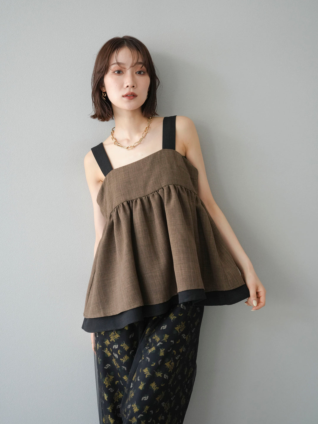 [SET]リネンライク配色フレアタンクトップ+ブーケプリントタックパンツ(2set)
