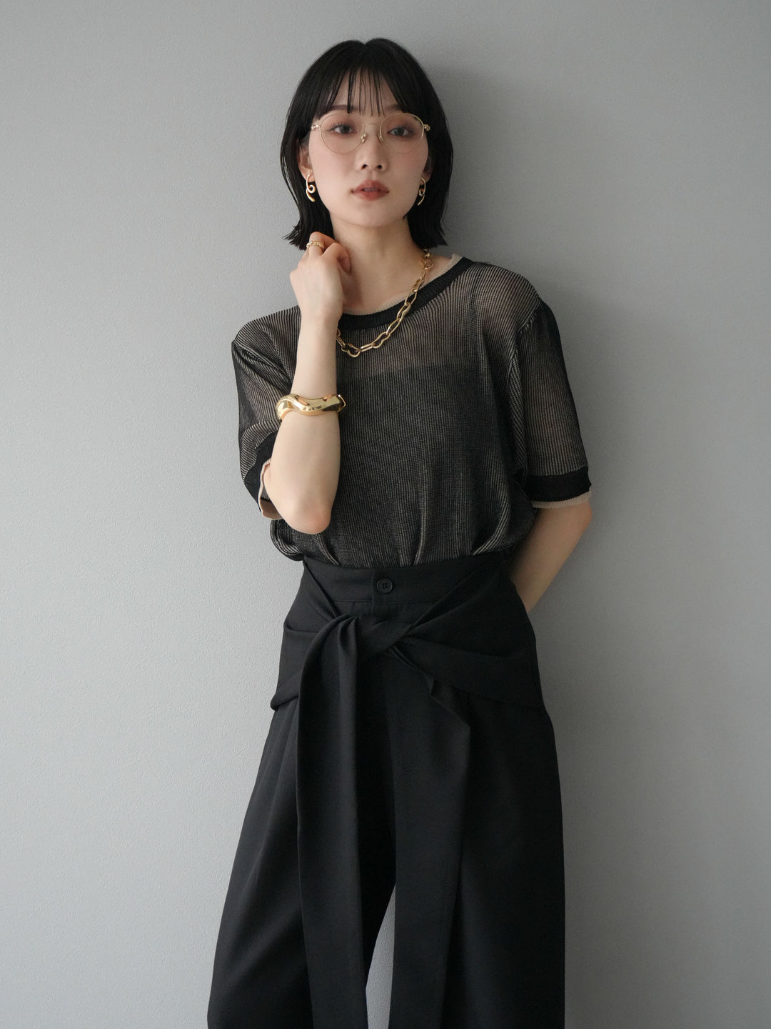 [SET]リネンタッチ配色二重臼ハーフニットトップス+ウエスト巻きデザインワイドパンツ(2set)