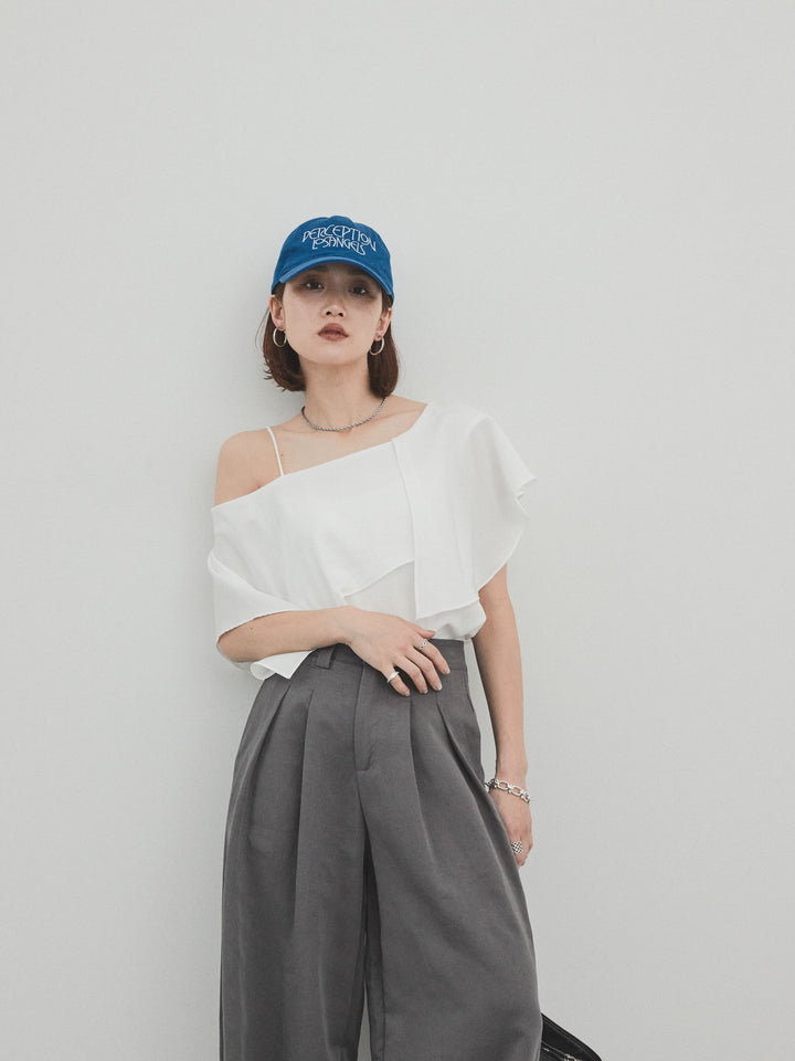 [SET]ワンショルラッフルブラウス+リネンタッチタックワイドパンツ (2set)