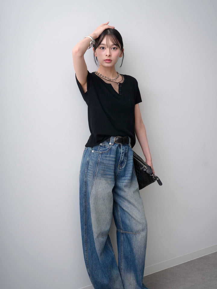 [SET]チュールレーヤードヘンリーフレンチニットトップス+立体カーブデニムパンツ(2set)
