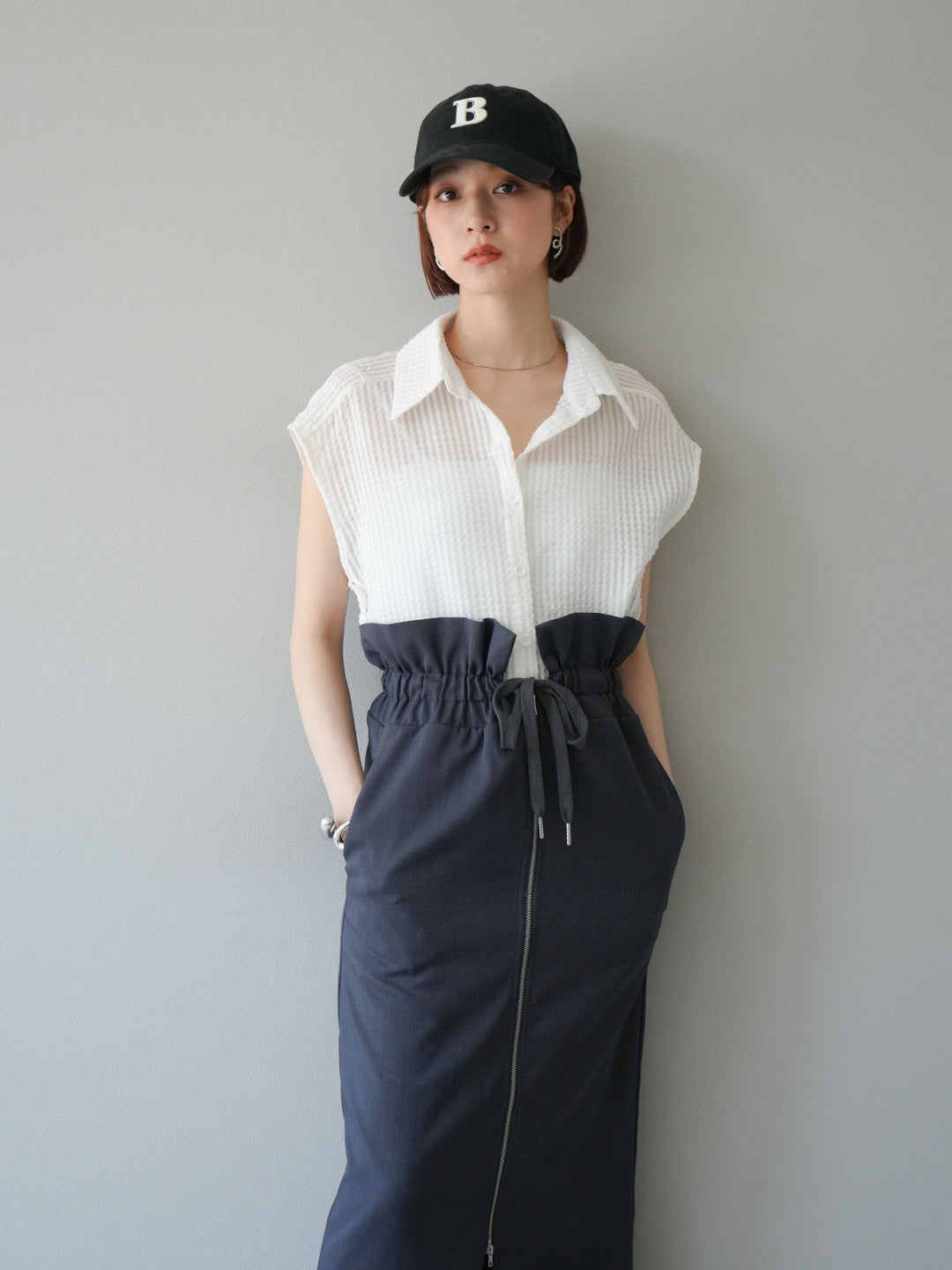 [SET]シアーチェックノースリーブシャツ+ヘザーエステルギャザージップスカート(2set)