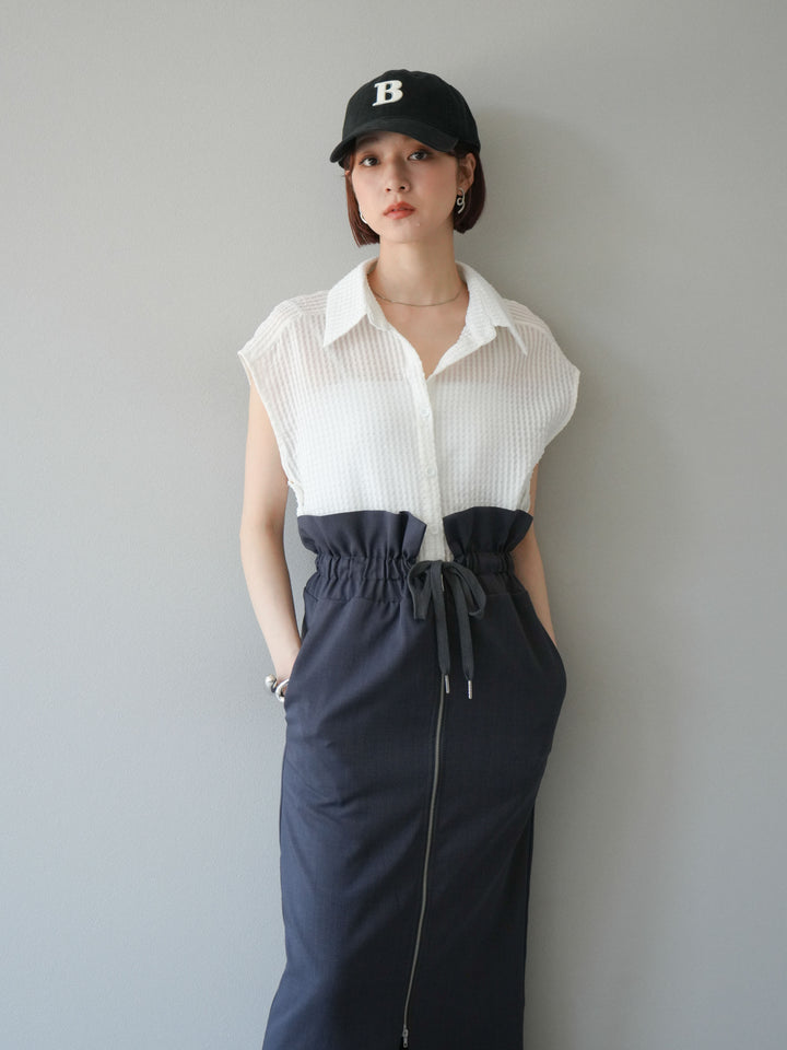 [SET]シアーチェックノースリーブシャツ+ヘザーエステルギャザージップスカート(2set)