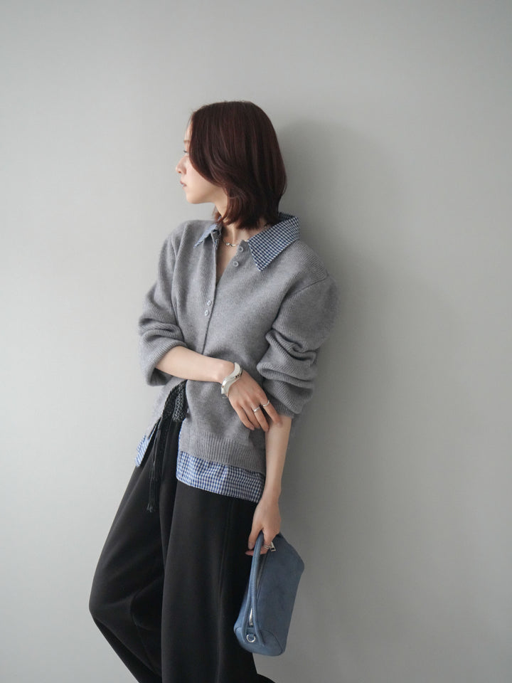 [SET]チェックシャツ襟ニットカーディガン+編み込みベルト付きウエスト配色スエットパンツ(2set)