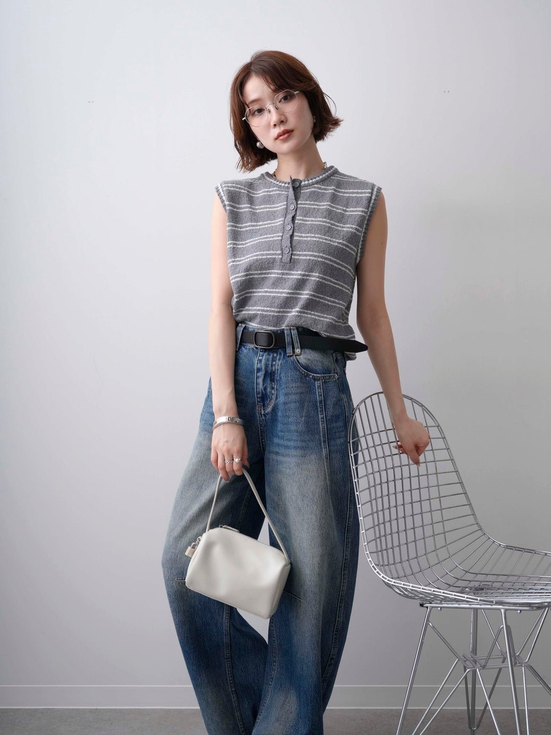 [SET]ボーダーヘンリーノースリニットトップス+立体カーブデニムパンツ(2set)