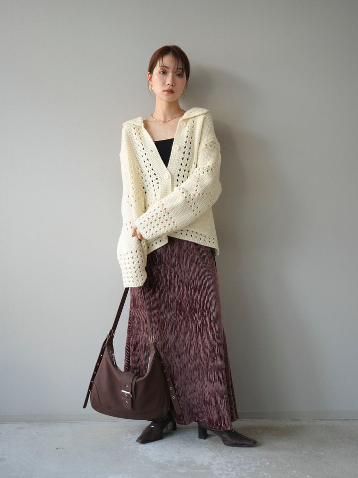 [予約]丸襟透かし編みニットカーディガン/オフ