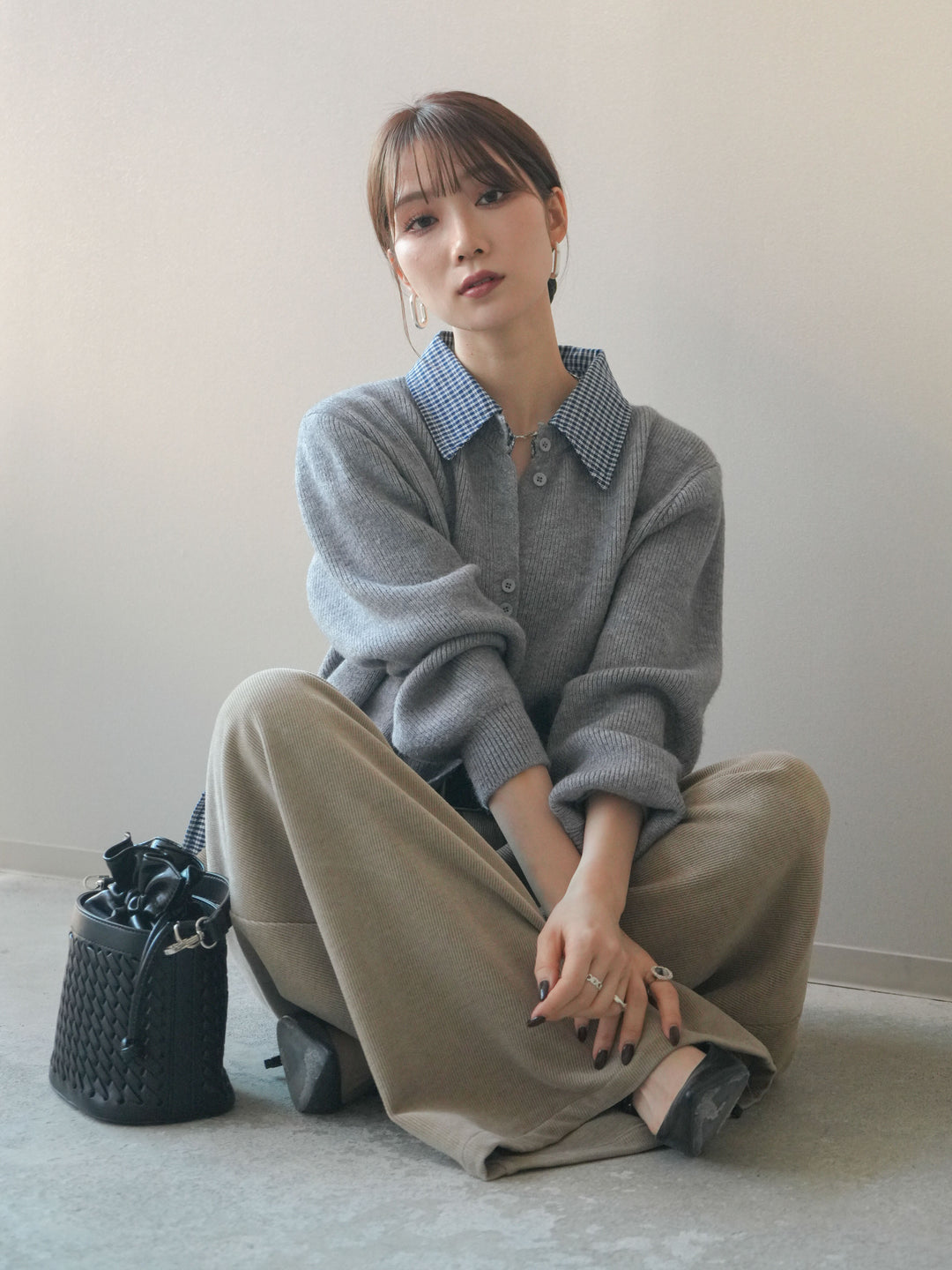 [SET]チェックシャツ襟ニットカーディガン+チェックシャツ襟ニットカーディガン(2set)