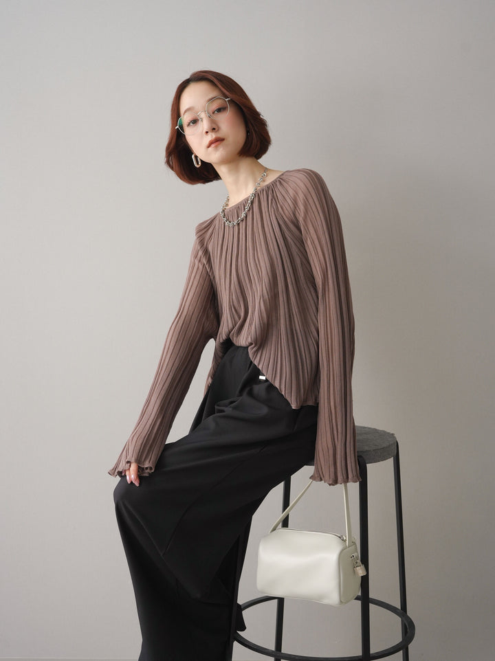 [SET]プリーツシアーフレアスリーブニットトップス+ベルト付キーホルダーモチーフワイドパンツ(2set)