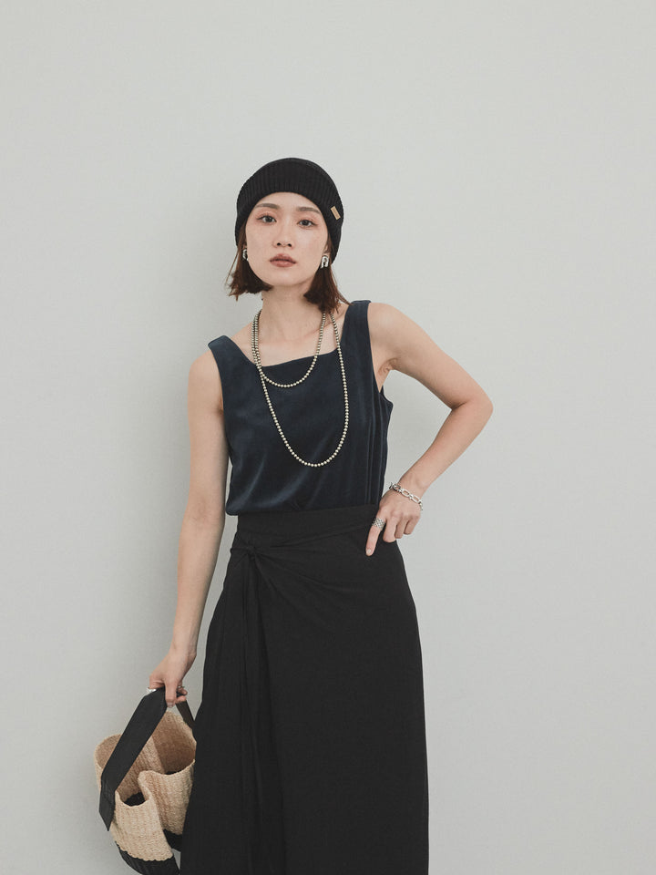 [SET]スクエアベロアタンクトップ+ワッシャーサテンレイヤードスカートパンツ(2set)