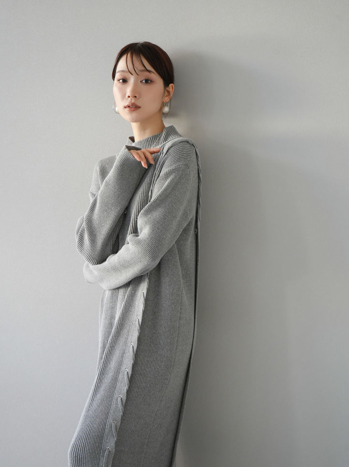 [SET] 不對稱繫帶高領針織連身裙 + 可選飾品套裝 (2套)