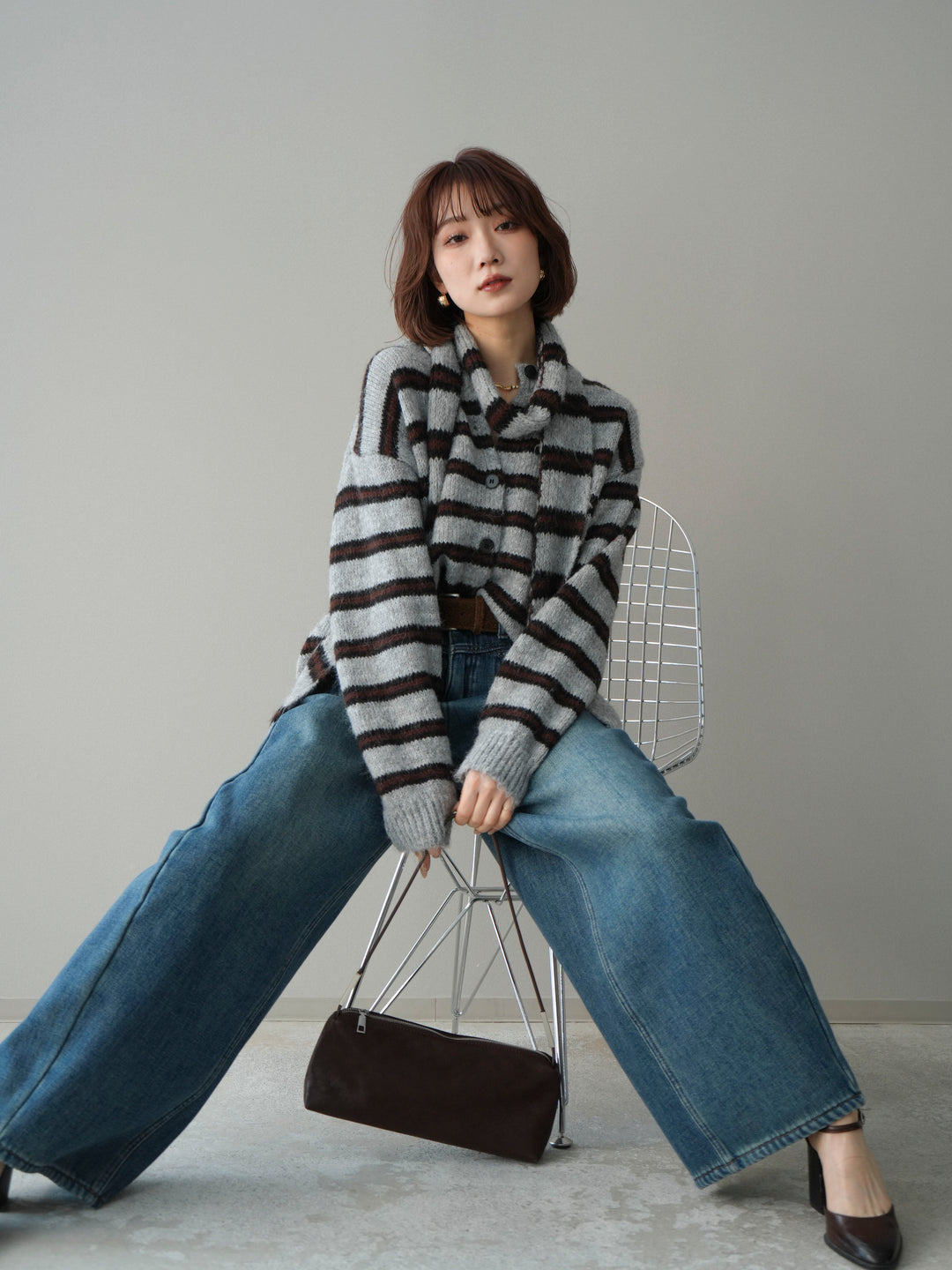 [SET]ボウタイ付きボーダーニットプルオーバー+ベルト付裏起毛カーブデニムパンツ(2set)