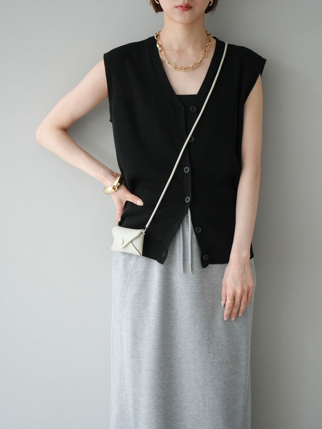 [SET]Vネックレーヨンニットベスト+スウェットロングスカート(2set)