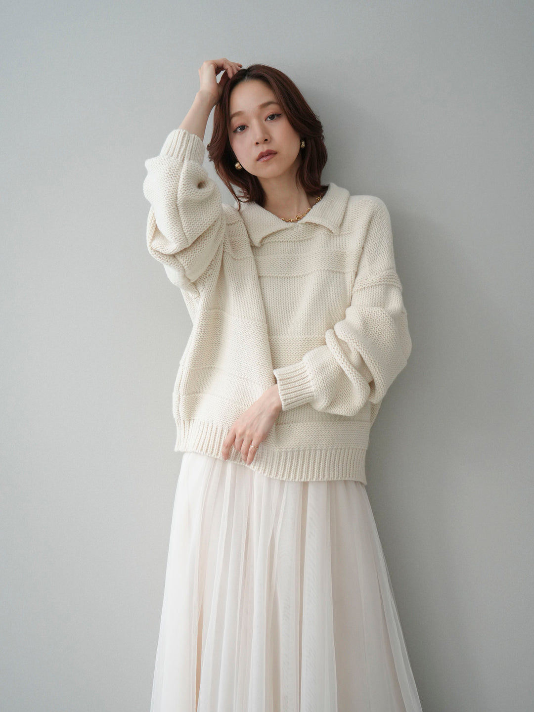 [SET]襟付きボーダー編みニットプルオーバー+チュールボリュームスカート(2set)