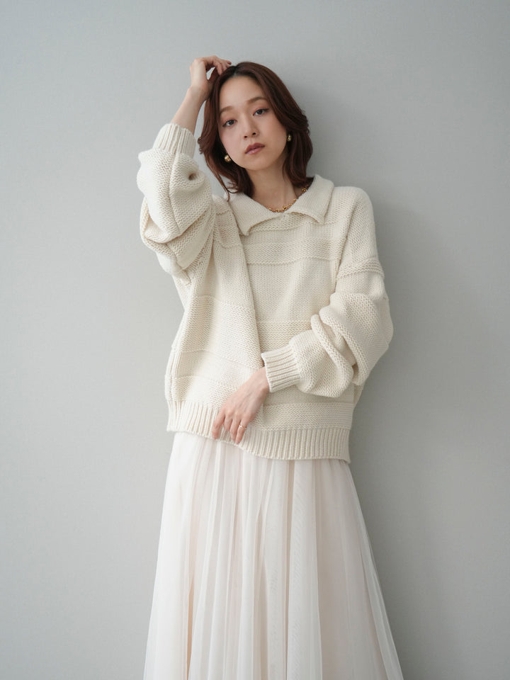 [SET]襟付きボーダー編みニットプルオーバー+チュールボリュームスカート(2set)