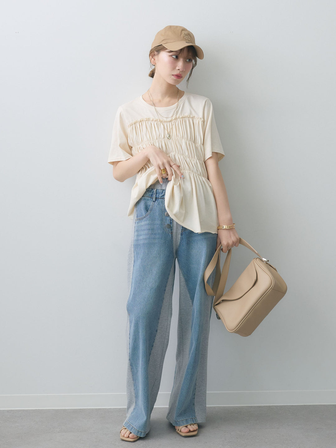 [SET]クールタッチシャーリングTEE+デニム切替スウェットパンツ(2set)