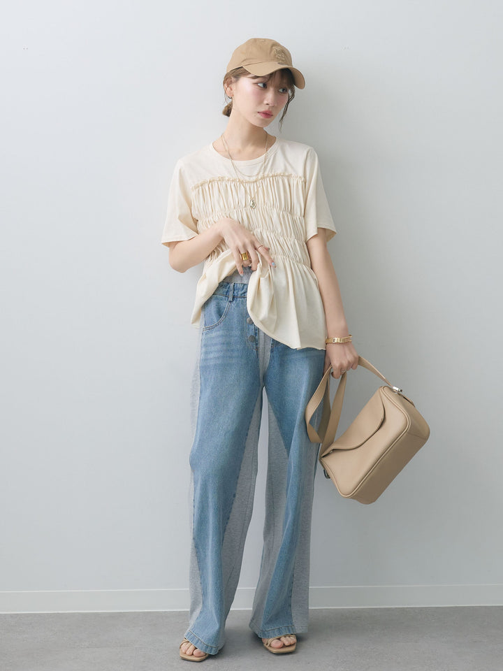 [SET]クールタッチシャーリングTEE+デニム切替スウェットパンツ(2set)