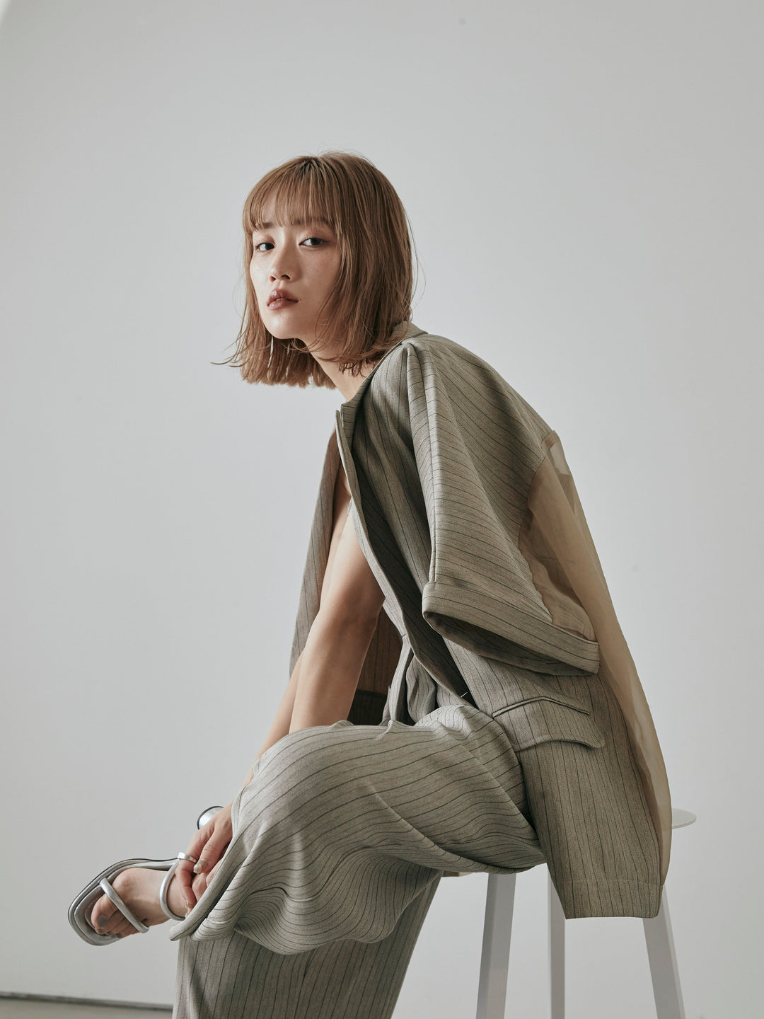 【預購】人字紋條紋工裝褲/米白色