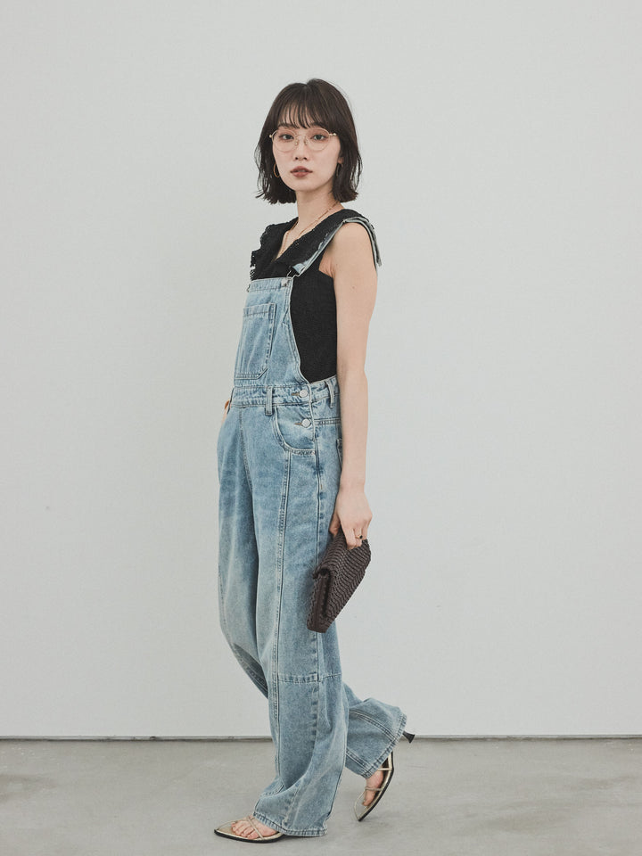 [SET]センターシームデニムサロペット +テープヤーンラッフルノースリトップス(2set)