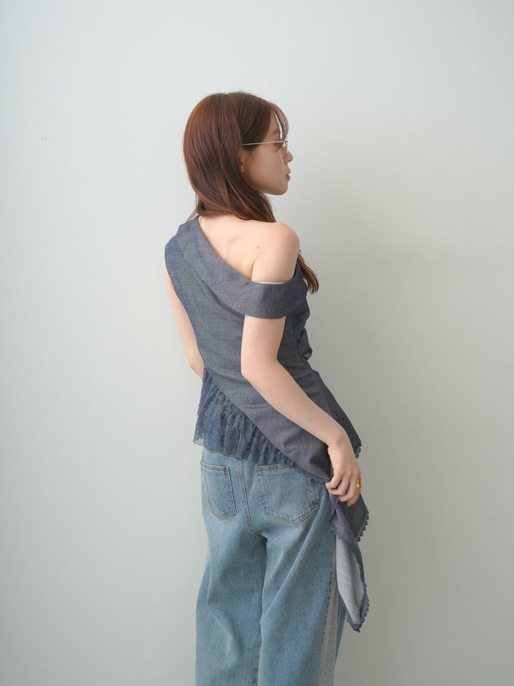 [SET]アシンメトリーラッフルレースヘムトップス+デニム切替スウェットパンツ(2set)