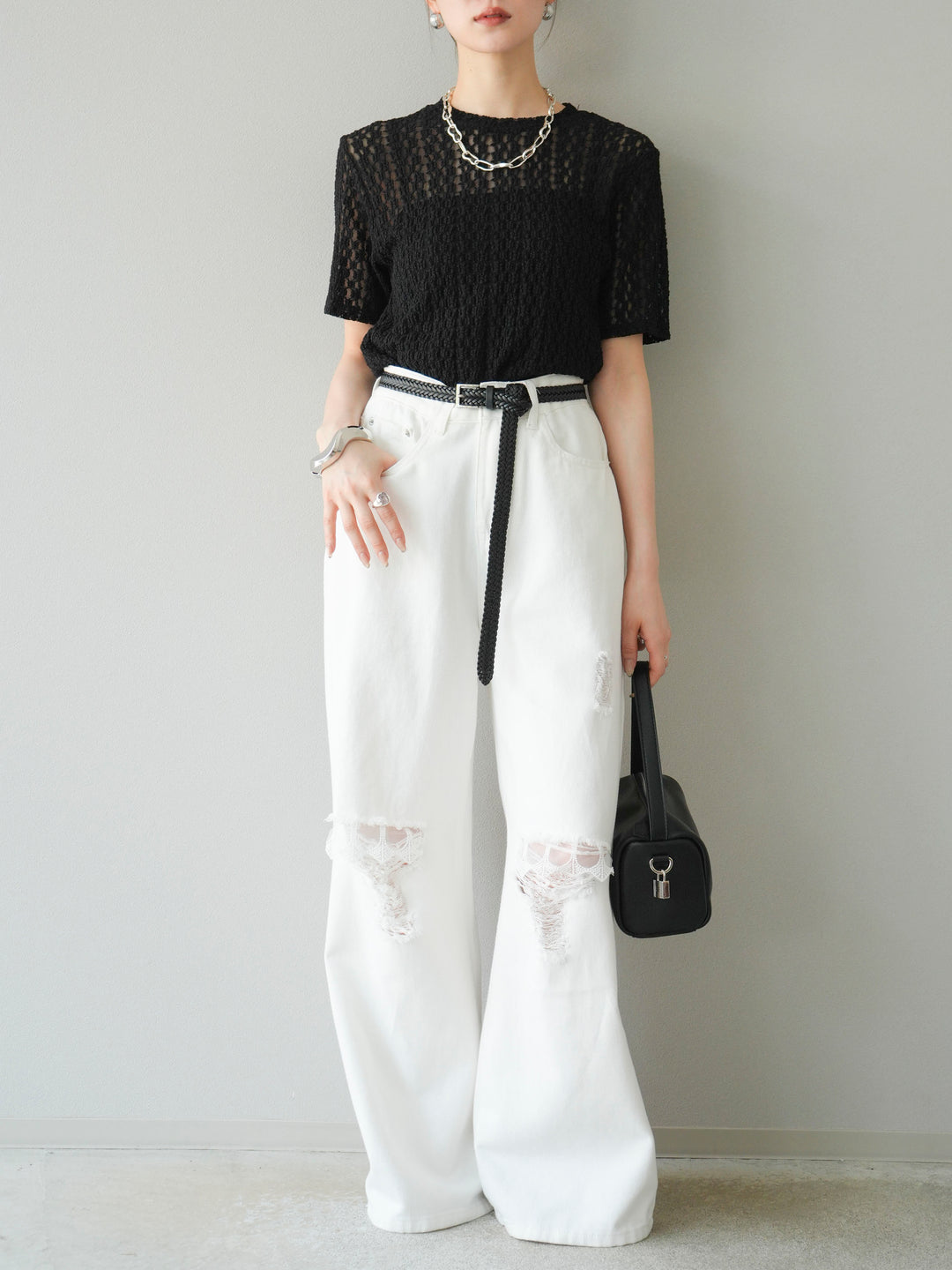 【預購】剪裁蕾絲T卹/黑色