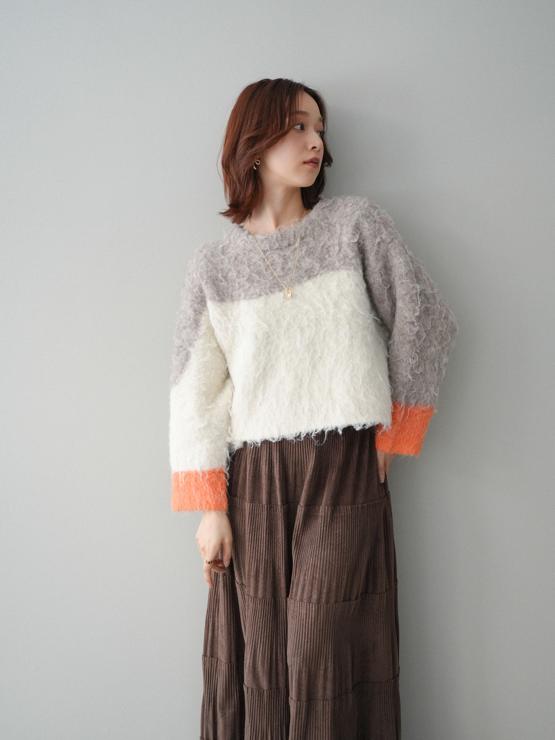 [SET]バイカラーモヘアタッチニットプルオーバー+型押しスエードティアードプリーツスカート(2set)