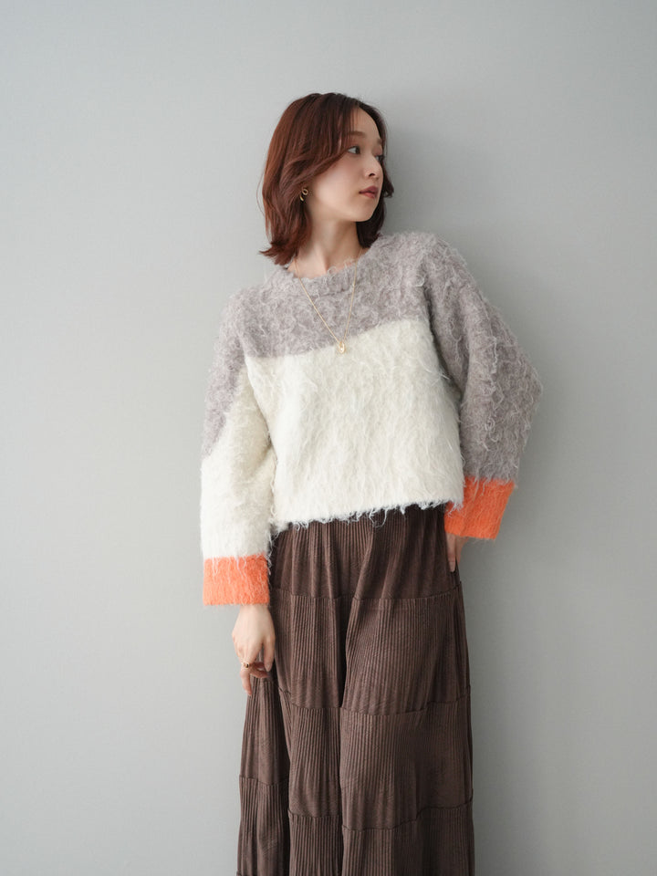 [SET]バイカラーモヘアタッチニットプルオーバー+型押しスエードティアードプリーツスカート(2set)