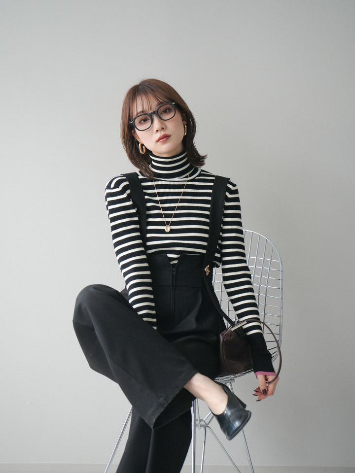 [予約]袖配色ハイネックボーダーリブニットトップス/blackborderpink