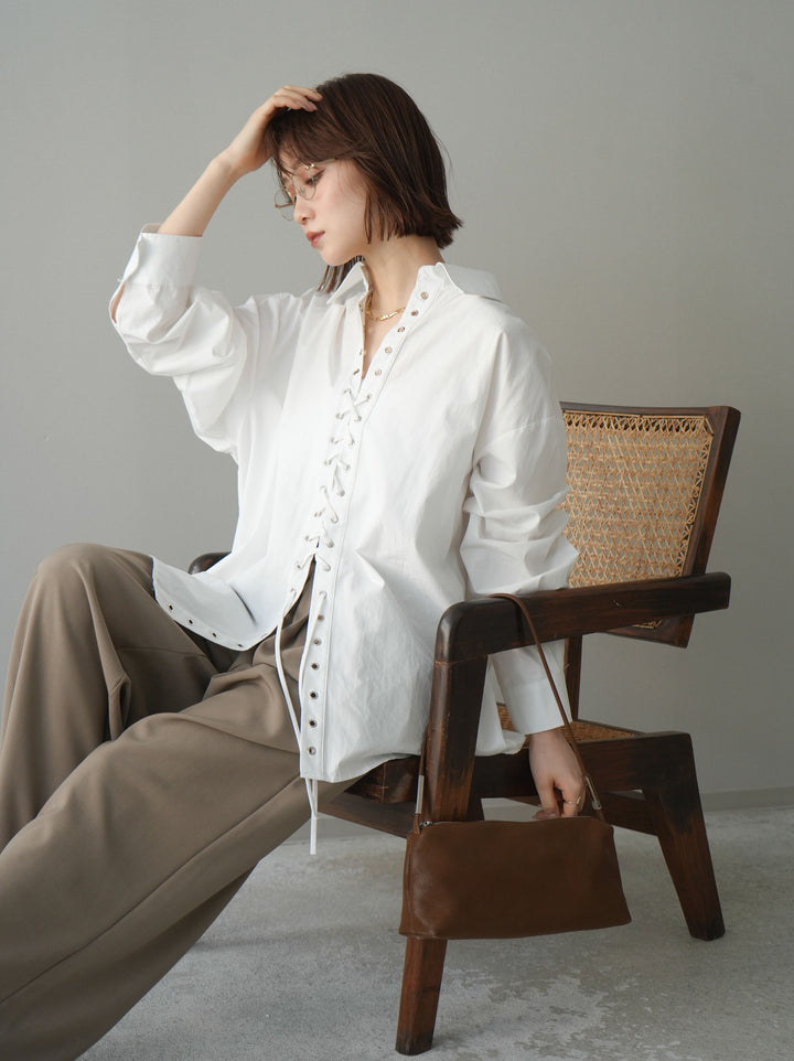 [SET]レースアップブロードシャツ+ベルト付キーホルダーモチーフワイドパンツ(2set)