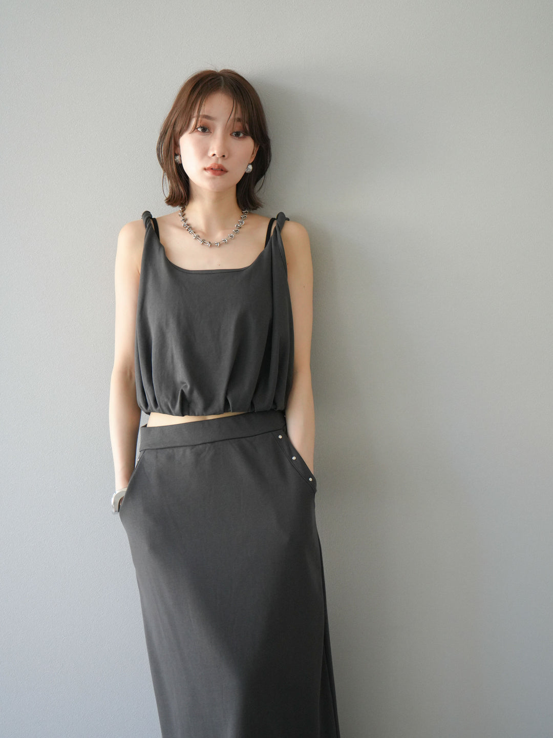 [SET]ミニ裏毛ツイストキャミバルーントップス＆Iラインスカート(2set)