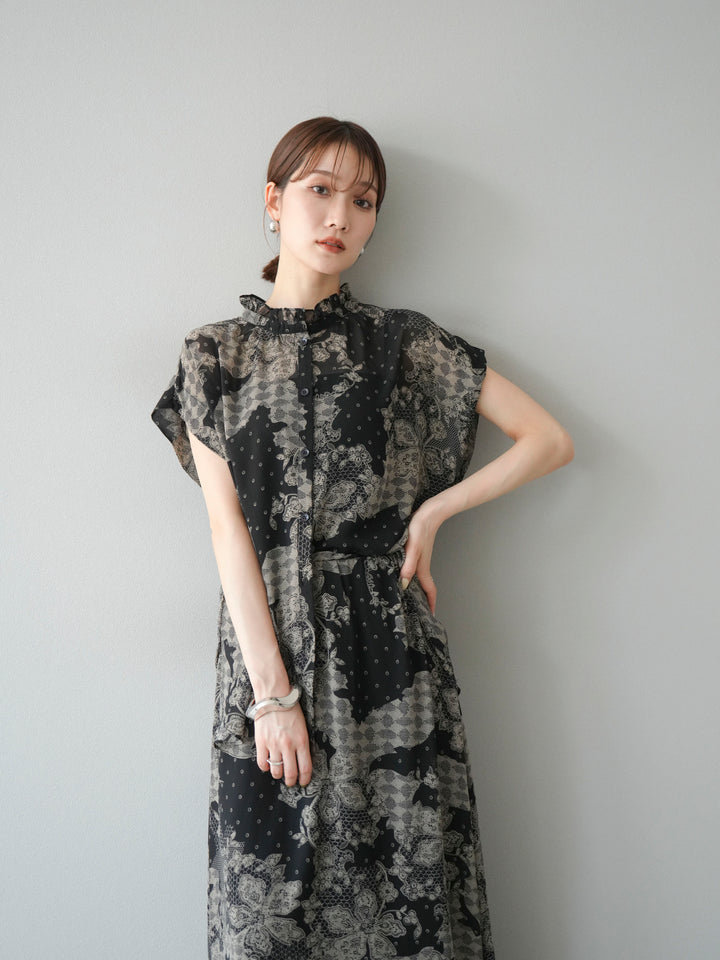 [SET] 花朵圖案法式袖襯衫 + 花朵圖案喇叭裙 (2 套)