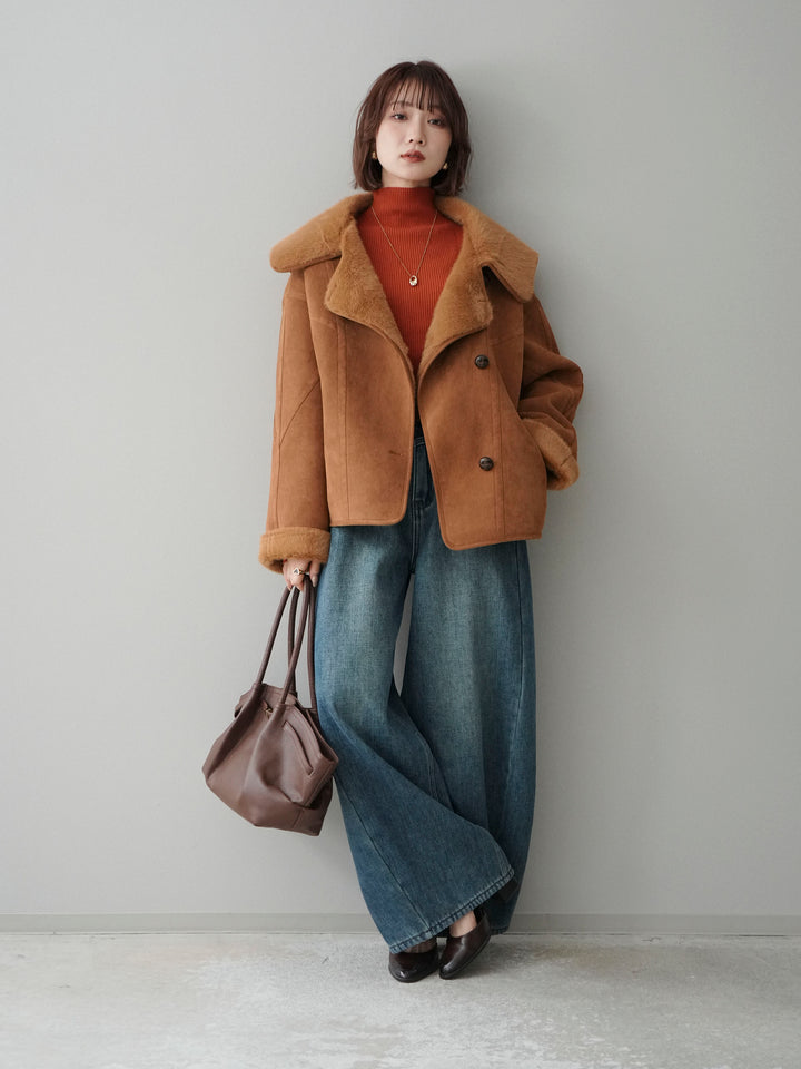 [SET]ムートンショートジャケット+ベルト付裏起毛カーブデニムパンツ(2set)