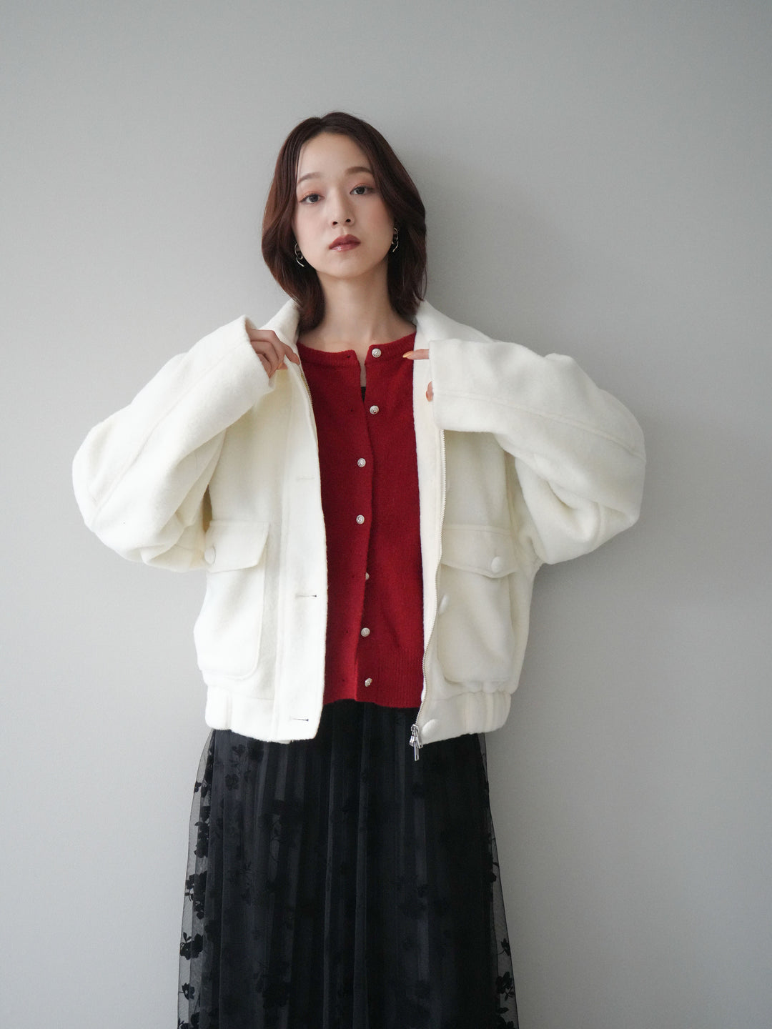 [SET]ウールライクフライトジャケット+アンティークボタンニットカーディガン+フラワーフロッキーチュールプリーツスカート(3set)