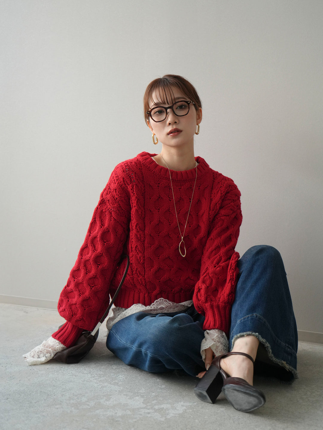 【着回しセット】[SET]バルキーケーブルクロップドニットプルオーバー+アンゴラタッチクルーネックニットプルオーバー+チュールレーストップス(3set)