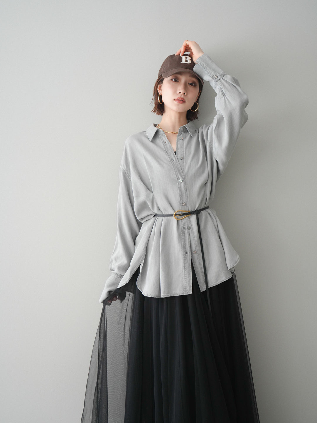 [SET]テンセルデニムタックシャツ+チュールボリュームスカート(2set)