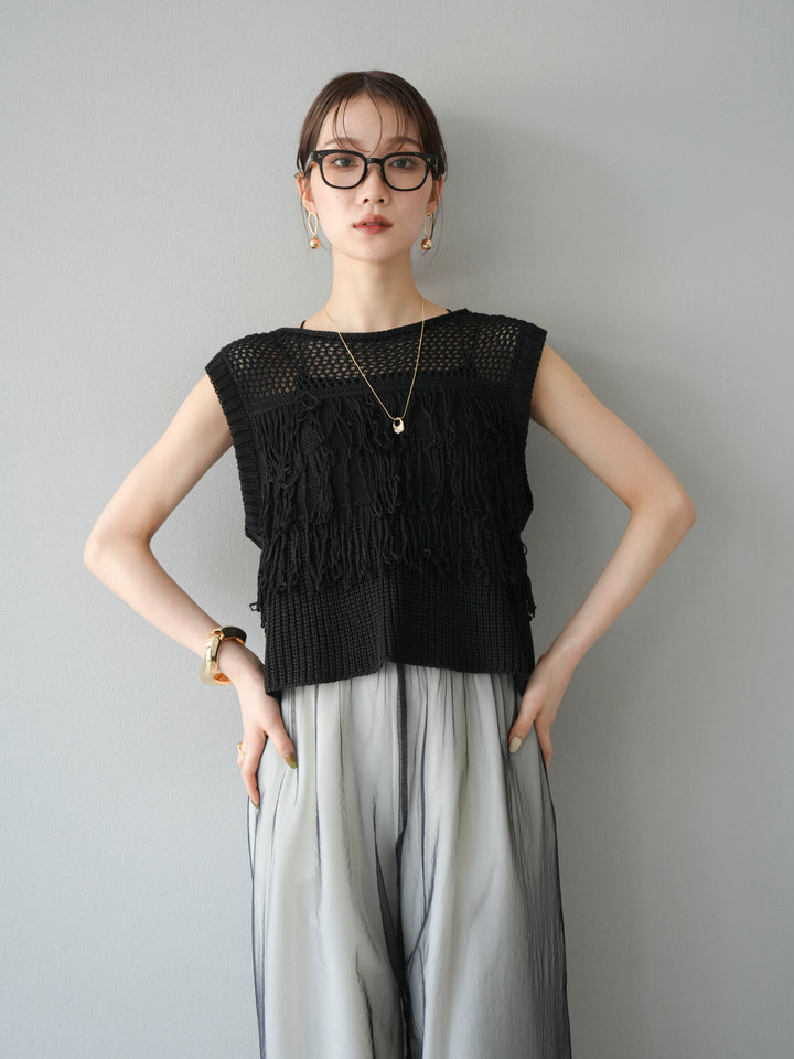 [SET]透かし編みフリンジニットトップス+コード刺繍チュールレイヤードパンツ(2set)