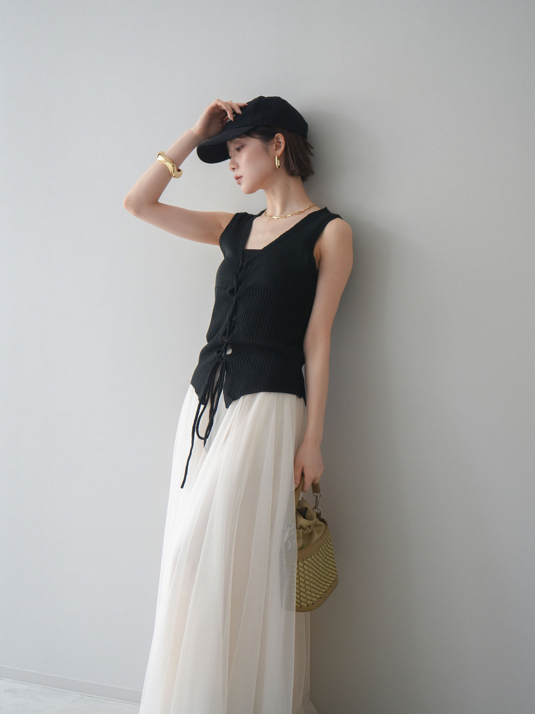 [予約]レースアップリブニットタンクトップ/black