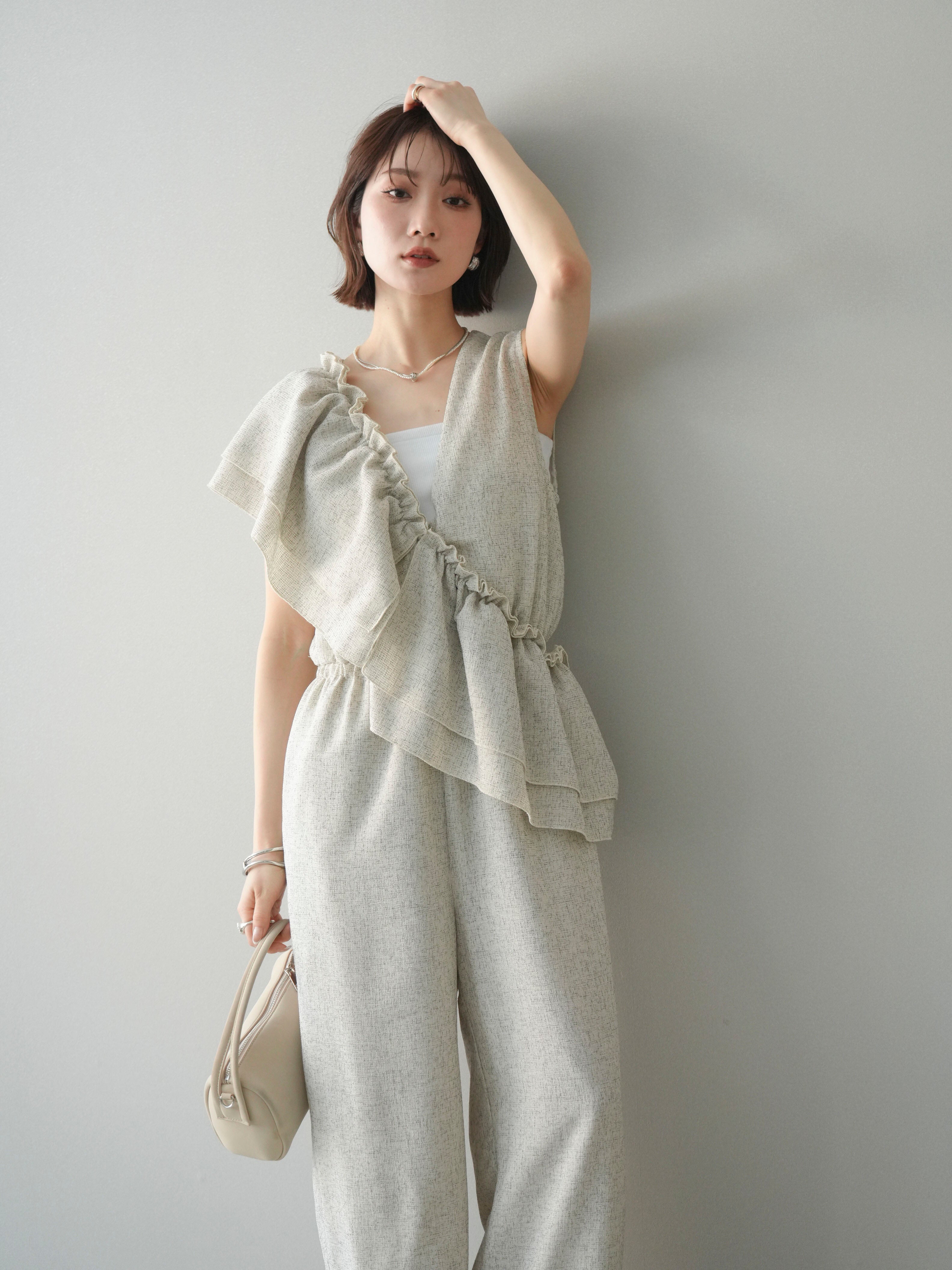 SET]3WAYミックスツイードギャザーオールインワン+選べるアクセセット