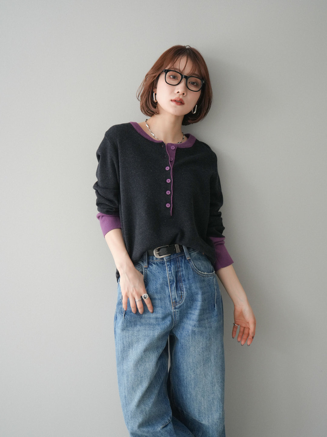 [SET]ヘンリーネック配色ニットソー+ヘンリーネック配色ニットソー(2set)