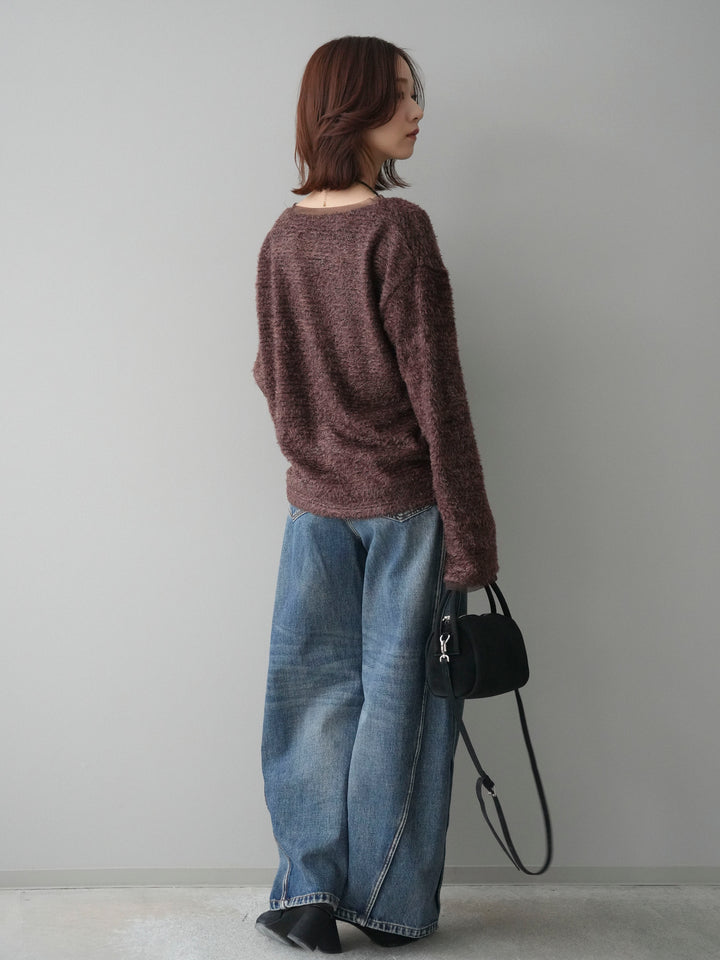 [SET]ラメシャギートップス+サイド切替カーブデニムパンツ(2set)