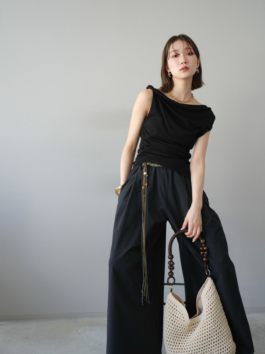 [SET]タックデザイントップス＆ビーズベルト付きパンツSET UP(2set)