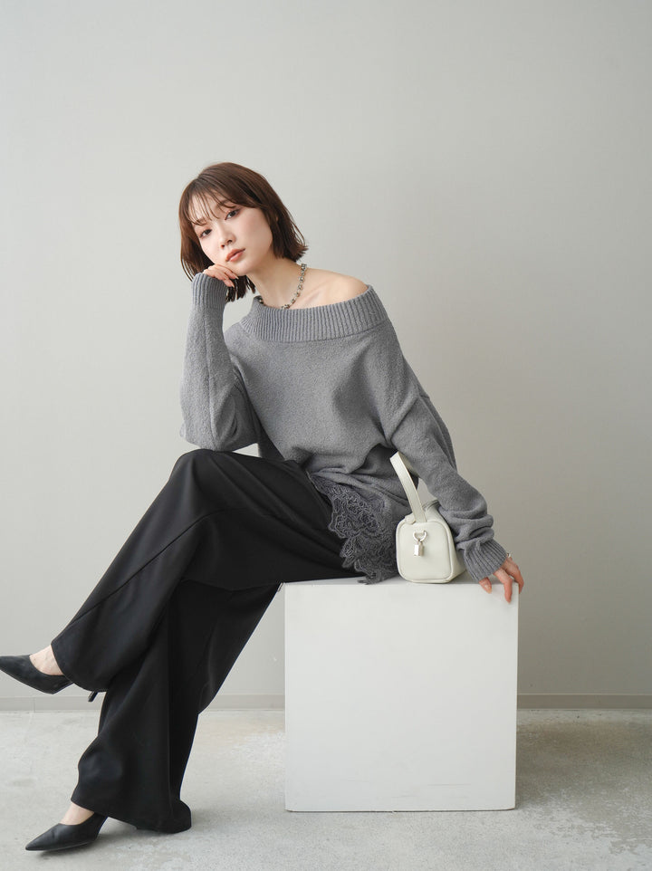 [SET]アシンメトリーレースヘムニットプルオーバー+ベルト付キーホルダーモチーフワイドパンツ(2set)